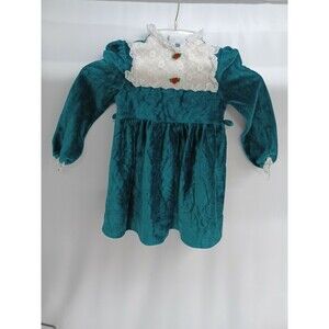 Vintage Precious Originals Girl Pinafore Long Sleeve Dress Green Lace Size 3T